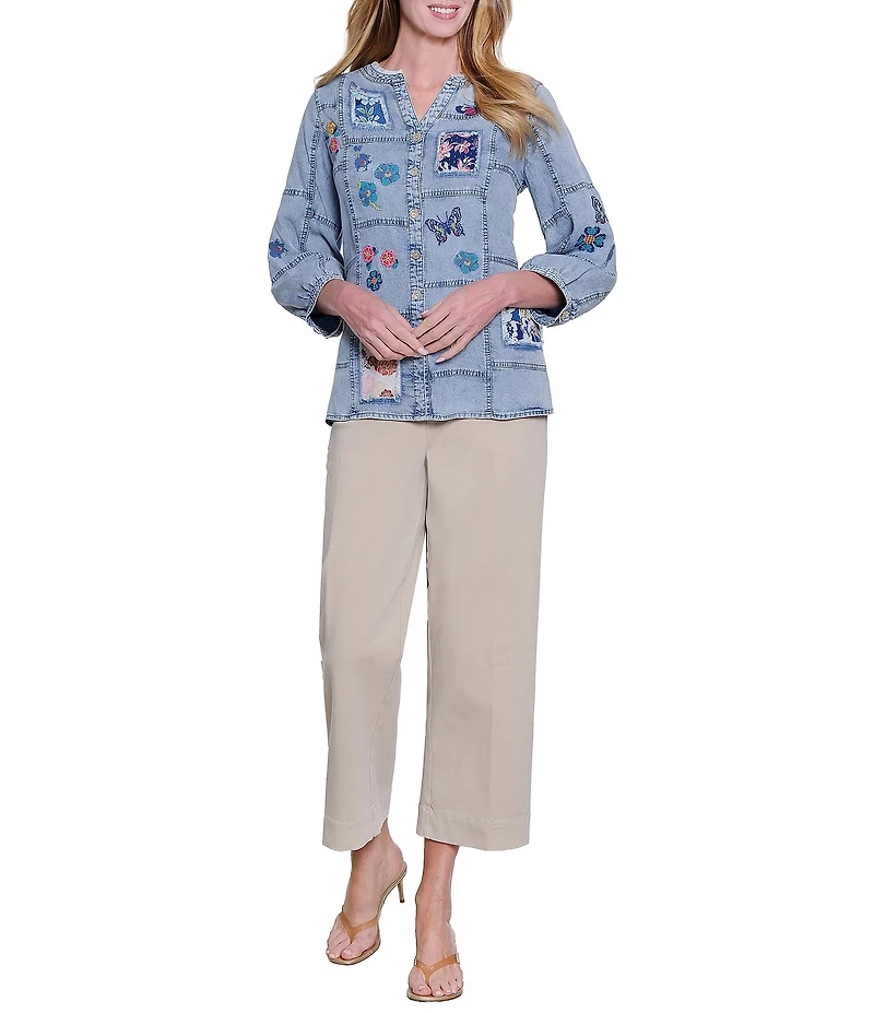 John Mark Embroidered Patchwork Split V-Neck 3/4 Sleeve Button-Front Blouse