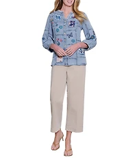 John Mark Embroidered Patchwork Split V-Neck 3/4 Sleeve Button-Front Blouse