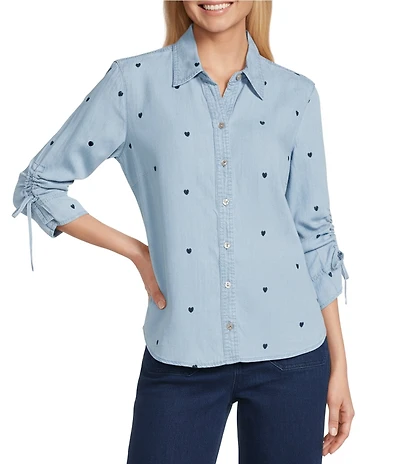 John Mark Embroidered Point Collar 3/4 Cinched Tie Sleeve Button Front Blouse