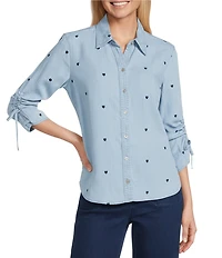 John Mark Embroidered Point Collar 3/4 Cinched Tie Sleeve Button Front Blouse