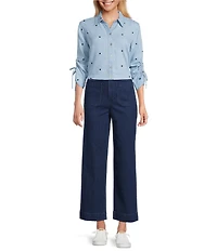 John Mark Embroidered Point Collar 3/4 Cinched Tie Sleeve Button Front Blouse