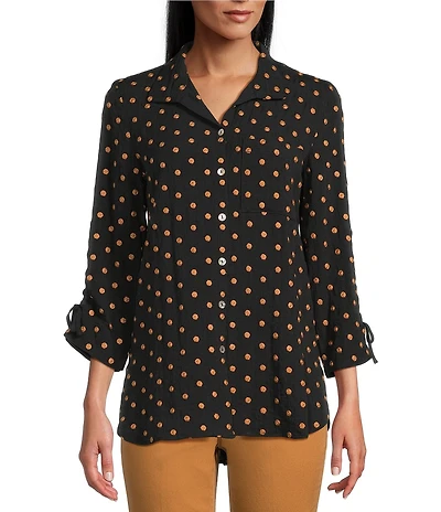 John Mark Embroidered Polka Dot Cinch Tie Sleeve Button Front Tunic