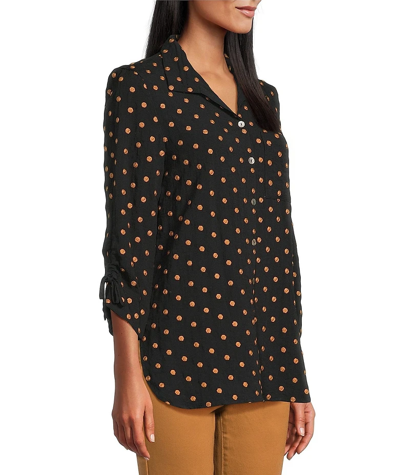 John Mark Embroidered Polka Dot Cinch Tie Sleeve Button Front Tunic