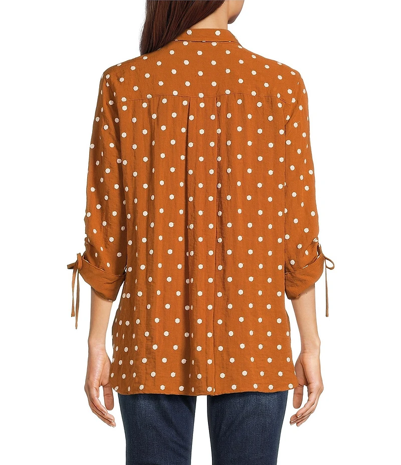 John Mark Embroidered Polka Dot Cinch Tie Sleeve Button Front Tunic