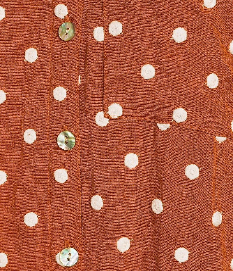 John Mark Embroidered Polka Dot Cinch Tie Sleeve Button Front Tunic