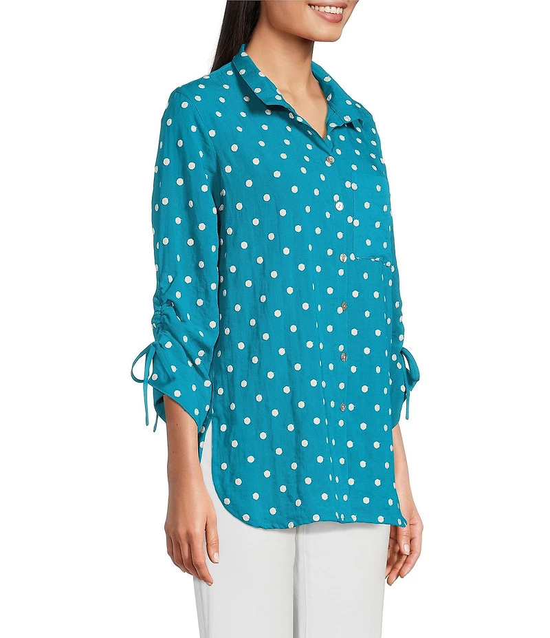 John Mark Embroidered Polka Dot Cinch Tie Sleeve Button Front Tunic