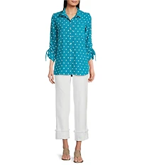 John Mark Embroidered Polka Dot Cinch Tie Sleeve Button Front Tunic