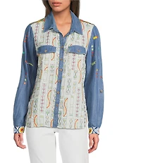 John Mark Embroidered Printed Point Collar Long Roll-Tab Sleeve Button-Front Top