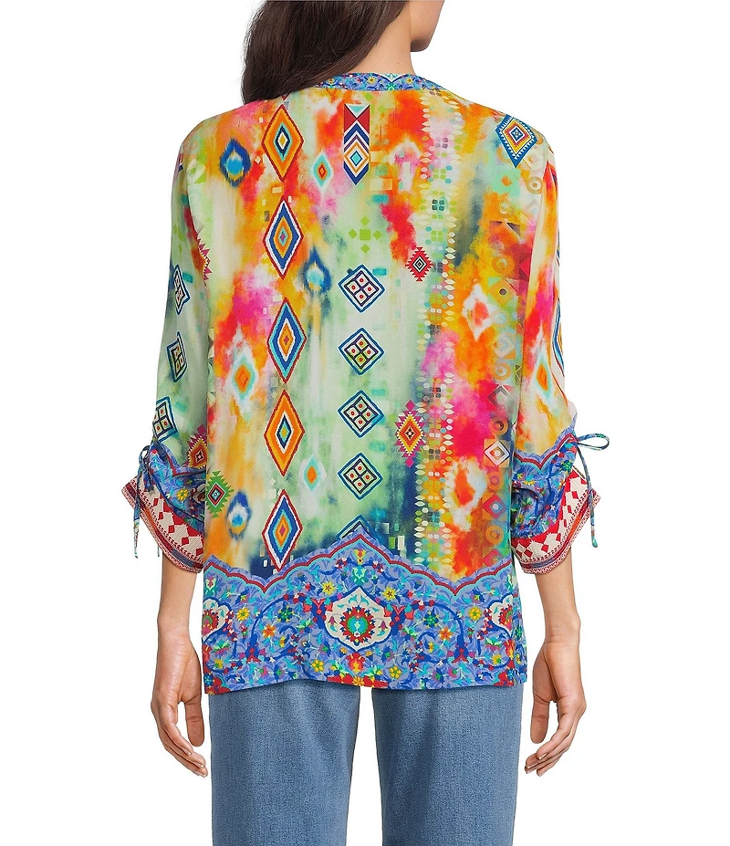 John Mark Embroidered Printed Split V-Neck 3/4 Cinched Sleeve Tassel Tie Front Tunic