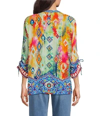 John Mark Embroidered Printed Split V-Neck 3/4 Cinched Sleeve Tassel Tie Front Tunic