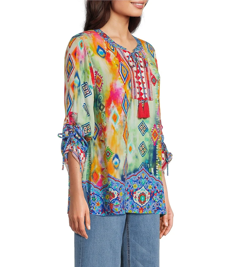 John Mark Embroidered Printed Split V-Neck 3/4 Cinched Sleeve Tassel Tie Front Tunic