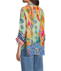 John Mark Embroidered Printed Split V-Neck 3/4 Cinched Sleeve Tassel Tie Front Tunic