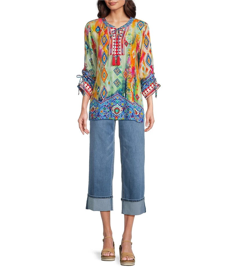 John Mark Embroidered Printed Split V-Neck 3/4 Cinched Sleeve Tassel Tie Front Tunic