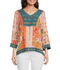 John Mark Embroidered Printed V-Neck 3/4 Sleeve Top