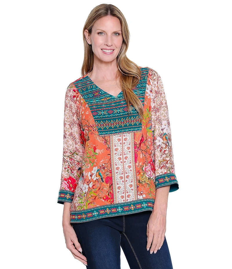 John Mark Embroidered Printed V-Neck 3/4 Sleeve Top