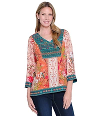 John Mark Embroidered Printed V-Neck 3/4 Sleeve Top