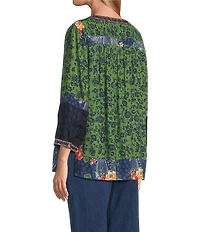 John Mark Embroidered Printed Y-Neck 3/4 Sleeve Pintuck Peasant Tunic