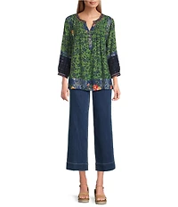 John Mark Embroidered Printed Y-Neck 3/4 Sleeve Pintuck Peasant Tunic