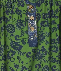 John Mark Embroidered Printed Y-Neck 3/4 Sleeve Pintuck Peasant Tunic