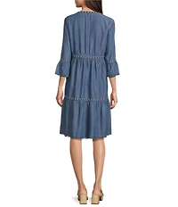 John Mark Embroidered Split V-Neck 3/4 Flounce Sleeve Tiered Dress