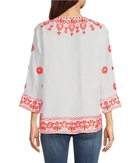 John Mark Embroidered Medallion Motif Split V-Neck 3/4 Sleeve Hi-Low Hem Tunic