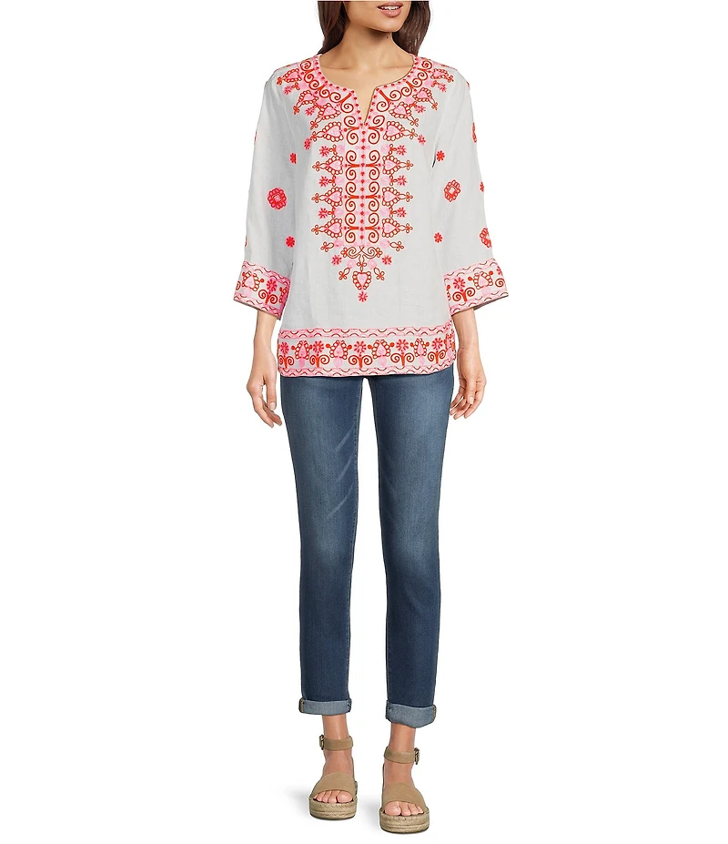 John Mark Embroidered Medallion Motif Split V-Neck 3/4 Sleeve Hi-Low Hem Tunic