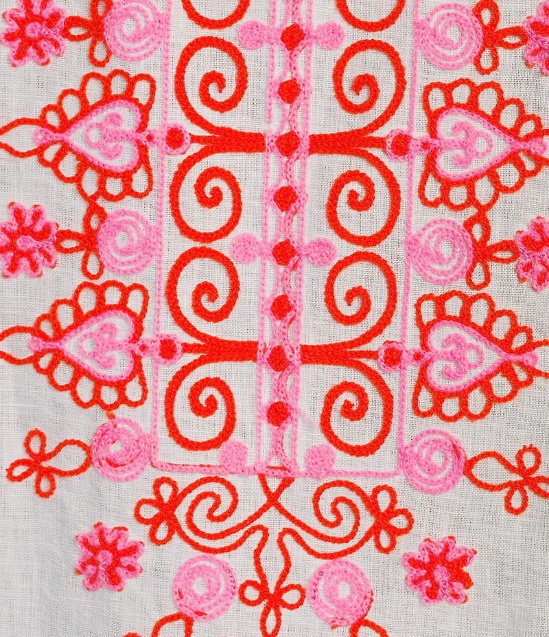 John Mark Embroidered Medallion Motif Split V-Neck 3/4 Sleeve Hi-Low Hem Tunic