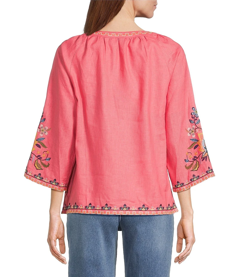 John Mark Embroidered Split V-Neck 3/4 Sleeve Tie-Front Peasant Top