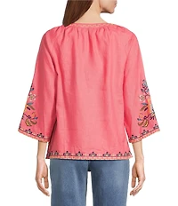 John Mark Embroidered Split V-Neck 3/4 Sleeve Tie-Front Peasant Top
