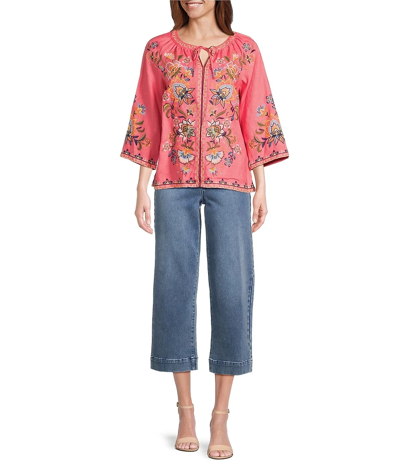 John Mark Embroidered Split V-Neck 3/4 Sleeve Tie-Front Peasant Top