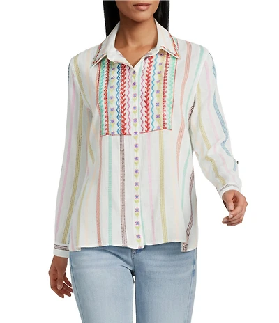 John Mark Embroidered Stripe Floral Leaf Print Point Collar Long Roll-Tab Sleeve Button-Front Blouse