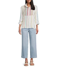 John Mark Embroidered Stripe Floral Leaf Print Point Collar Long Roll-Tab Sleeve Button-Front Blouse