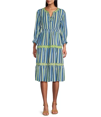 John Mark Embroidered Stripe V-Neck Long Ruffle Sleeve Tiered Popover Midi Dress