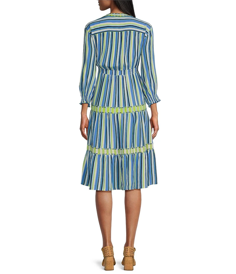 John Mark Embroidered Stripe V-Neck Long Ruffle Sleeve Tiered Popover Midi Dress