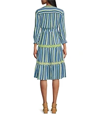 John Mark Embroidered Stripe V-Neck Long Ruffle Sleeve Tiered Popover Midi Dress