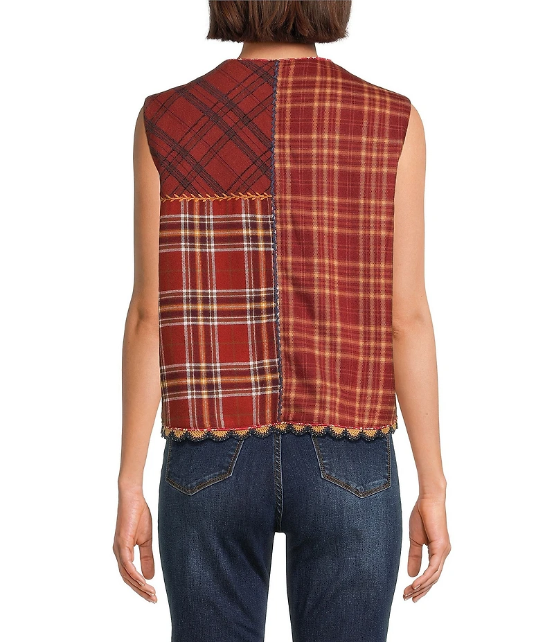 John Mark Embroidered Velvet Beaded Floral And Patchwork Plaid Open Front Vest
