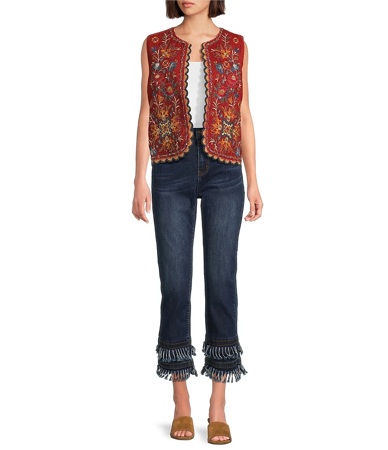 John Mark Embroidered Velvet Beaded Floral And Patchwork Plaid Open Front Vest