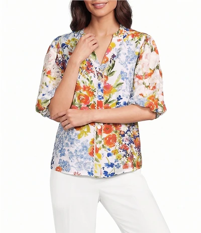 John Mark Embroidered Watercolor Floral Y-Neck Short Sleeve Button-Front Blouse