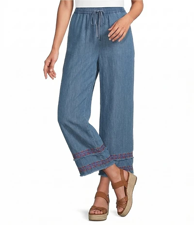 John Mark Embroidered Wide Leg Pull-On Cropped Pants