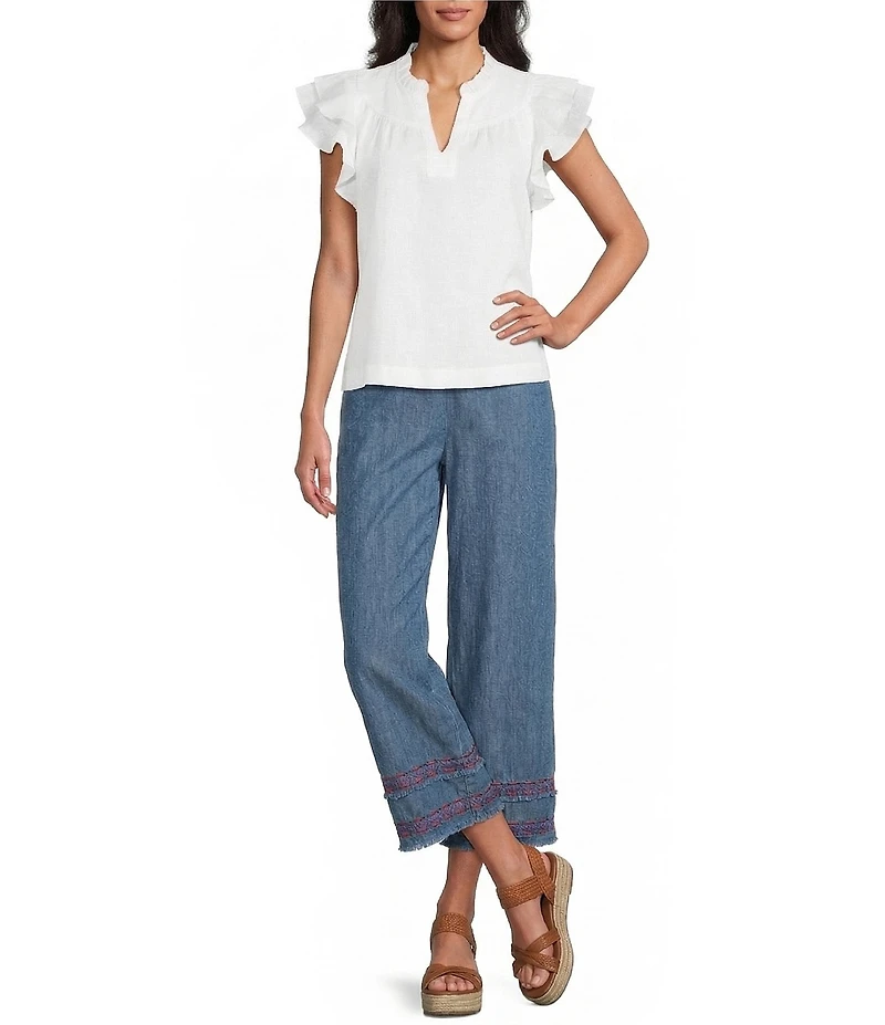 John Mark Embroidered Wide Leg Pull-On Cropped Pants
