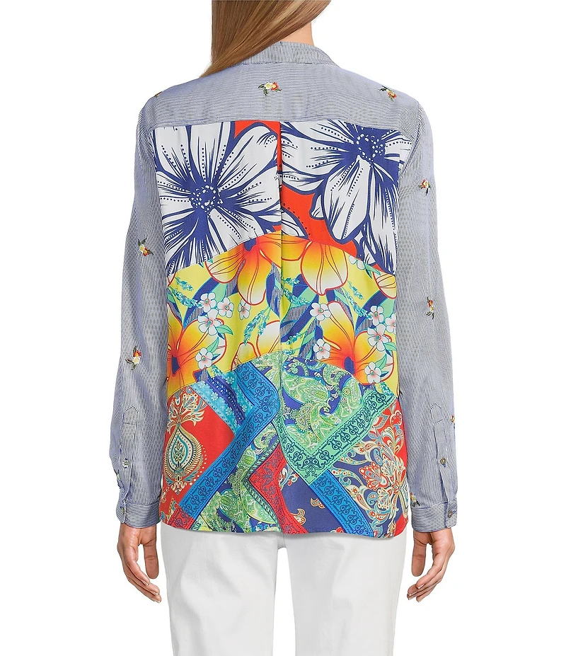 John Mark Embroidered Yarn-Dye Stripe Wire Collar Long Roll-Tab Sleeve Button Front Shirt