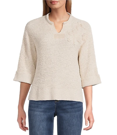 John Mark Floral Applique Split V-Neck Elbow Length Sleeve Knit Sweater