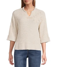 John Mark Floral Applique Split V-Neck Elbow Length Sleeve Knit Sweater