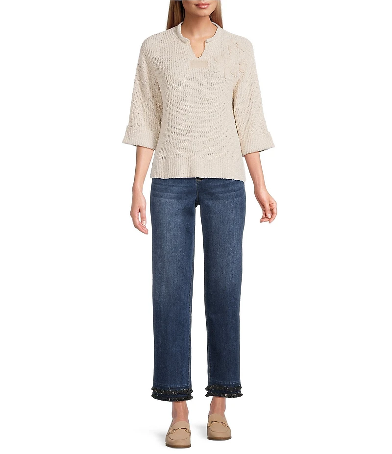 John Mark Floral Applique Split V-Neck Elbow Length Sleeve Knit Sweater