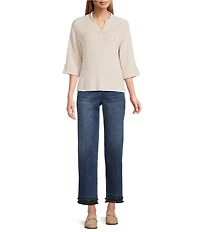 John Mark Floral Applique Split V-Neck Elbow Length Sleeve Knit Sweater