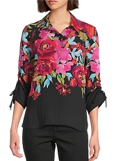John Mark Floral Border Print Point Collar 3/4 Cinch Tie Sleeve Top