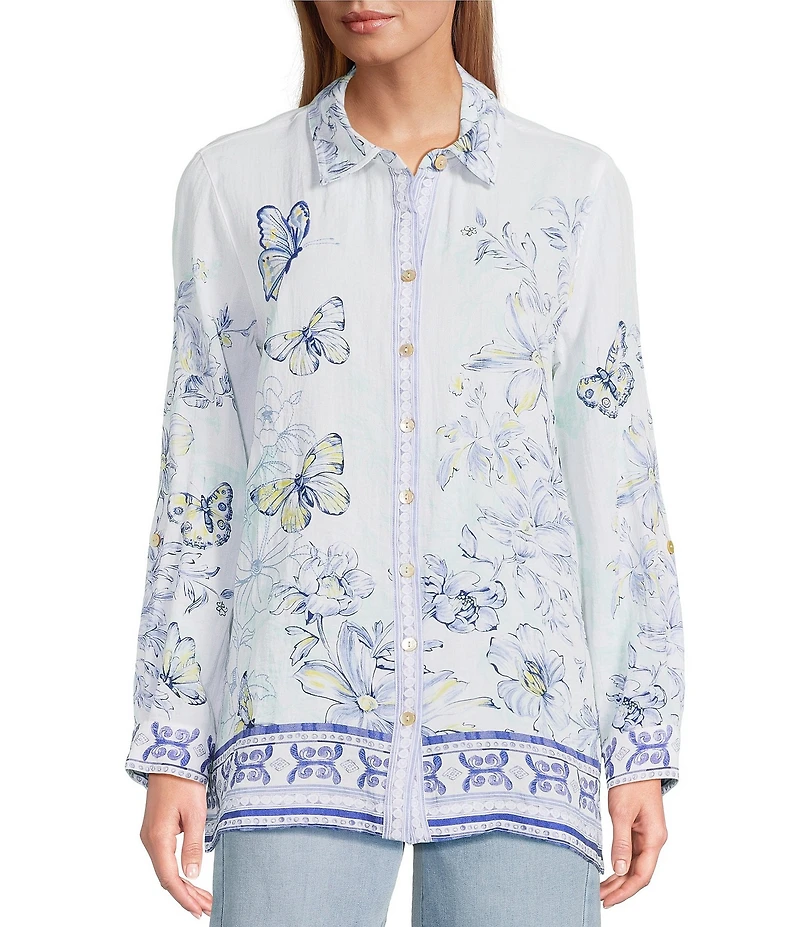 John Mark Floral Butterfly Border Print Point Collar Long Roll-Tab Sleeve Button Front Blouse