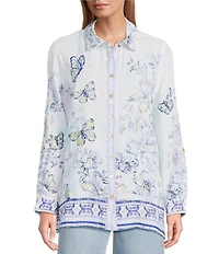 John Mark Floral Butterfly Border Print Point Collar Long Roll-Tab Sleeve Button Front Blouse