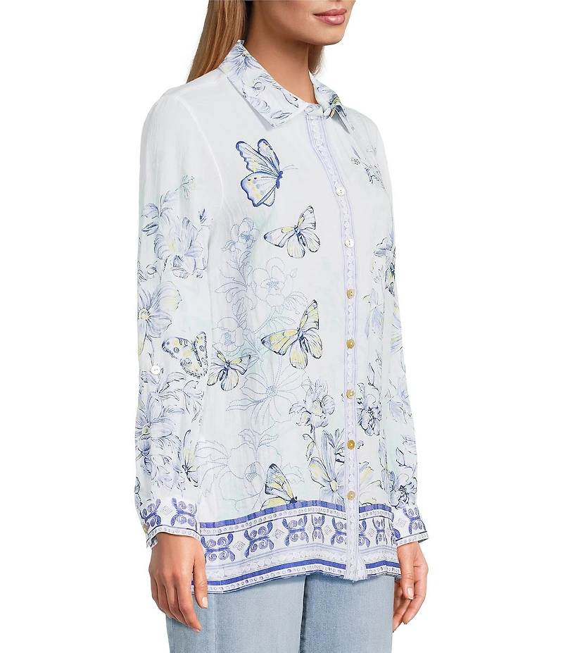 John Mark Floral Butterfly Border Print Point Collar Long Roll-Tab Sleeve Button Front Blouse