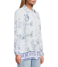 John Mark Floral Butterfly Border Print Point Collar Long Roll-Tab Sleeve Button Front Blouse